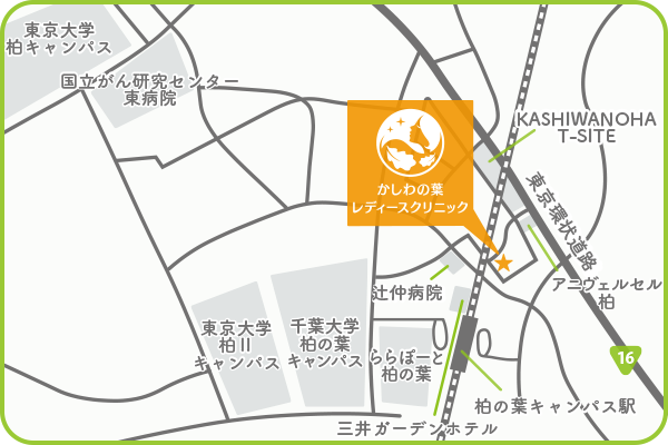 地図イラスト　柏の葉キャンパス駅から北方向に徒歩4分で、本クリニックがございます